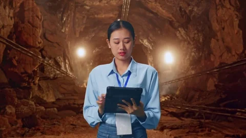 Female Worker Working With A Tablet And Look Around In Mine Tunnel Stock Footage 299582486