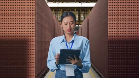 Female Worker Working With A Tablet And Look Around With Brick In Stacks Stock Footage 303764531