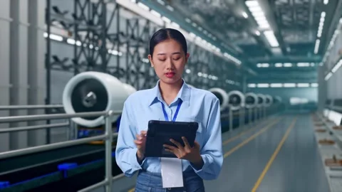 Female Worker Working With A Tablet And Look Around, Aircraft Engine Factory Video stock 314610072