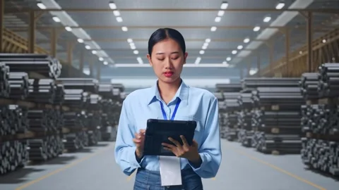 Female Worker Working With A Tablet And Look Around with Rods Steel Vídeos de archivo 324609800