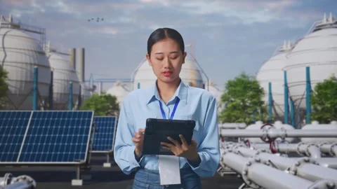 Female Worker Working With A Tablet And Look Around at Energy Complex Stock Footage 330176794