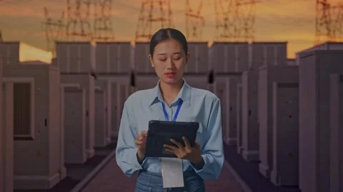 Female Worker Working With A Tablet And Look Around with Electrical Energy Stock Footage 331573333