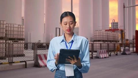 Female Worker Working With A Tablet And Look Around at Storage Facility Stock Footage 337755928