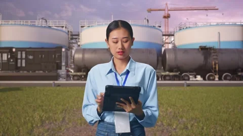 Female Worker Working With A Tablet And Look Around at Oil Refinery Stock Footage 340139381