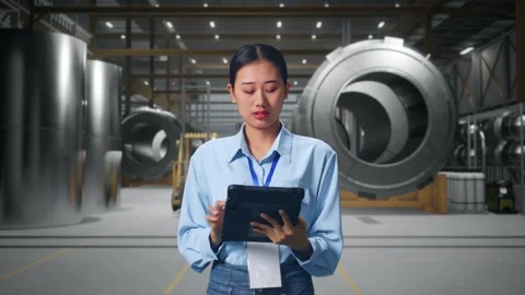 Female Worker Working With A Tablet And Look Around at Heavy Factory Stock Footage 340815090