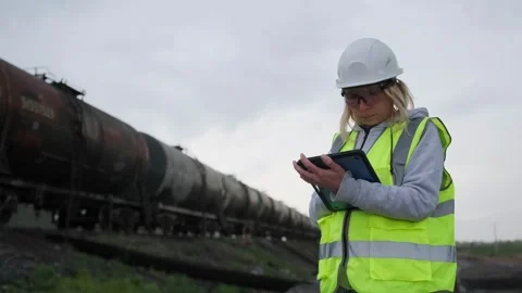 Female worker writes data in digital tablet near freight trains Stock Footage 273816742