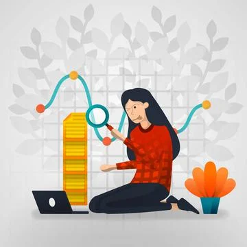 Female workers are curious about line chart reports. flat cartoon vector illu Illustrazione stock