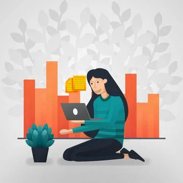 Female workers check documents on laptops. sales report chart. flat cartoon v Illustrazione stock