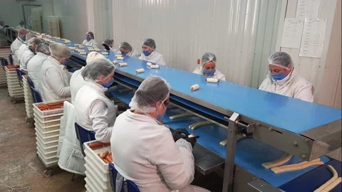 Female workers making buns of dought and sausages, put it on conveyor belt. Stock Footage 166470052