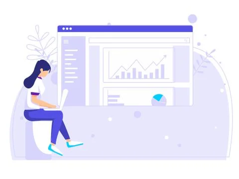 Female workers or students working on tasks on a laptop. used for web, social Stock Illustration
