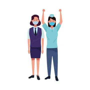 Female workers using face masks for covid19 Illustrazione stock