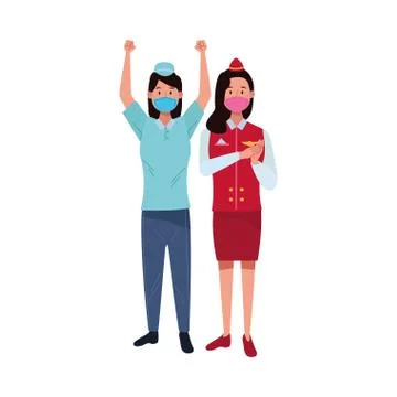 Female workers using face masks for covid19 Illustrazione stock