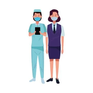 Female workers using face masks for covid19 Illustrazione stock
