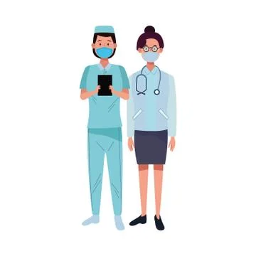 Female workers using face masks for covid19 Illustrazione stock