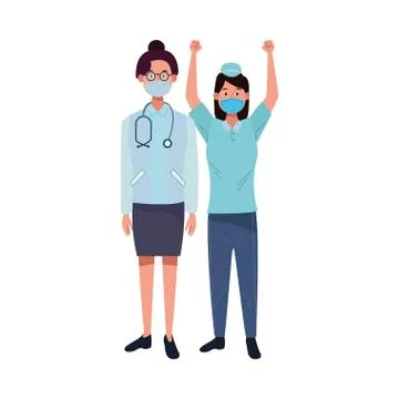 Female workers using face masks for covid19 Illustrazione stock