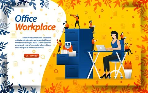 Female workers work on assignments on the work desk. with workplace offices a Stock Illustration