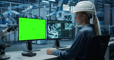 Female Working on Computer with Green Screen in Robotics Factory Stock Footage 319830987