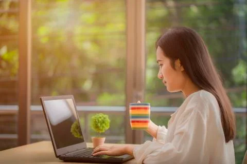 Female working with laptop computer while sitting at the office room in home, Foto stock