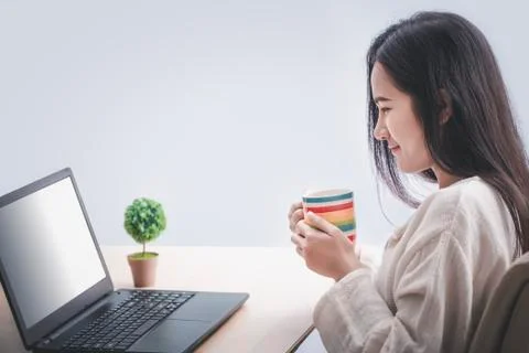 Female working with laptop computer while sitting at the office room in home, Foto stock