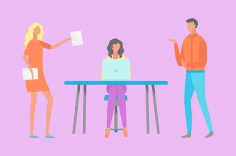 Female Working Process with Laptop, Workers Vector Illustrazione stock