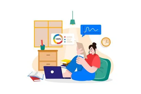 Female working on a project while seating on the floor 스톡 일러스트