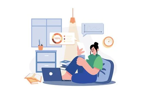 Female Working On A Project While Seating On The Floor Stock Illustration