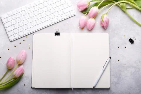 Female workspace flatlay Stock Photos