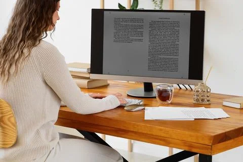 Female writer editing text on computer before publishing in office, back view Stock Photos