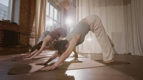 Female Yoga Devotees Performing Downward Dog with Raised Leg in Studio Stock Footage 329746311