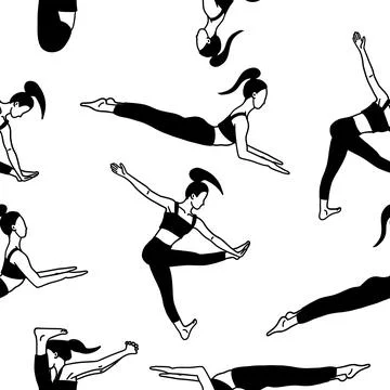Female yoga poses pattern in black and white cartoon flat style. Stockillustratie