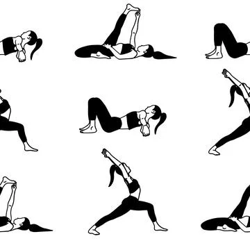 Female yoga poses pattern in black and white cartoon flat style. Stock Illustration