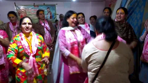 Females Group of Devotee Dancing During Krishna Name Sankirtan in Vrindavan Stock Footage 131396183