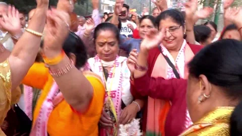 Females Group of Devotee Dancing During Krishna Name Sankirtan in Vrindavan Stock Footage 132025308