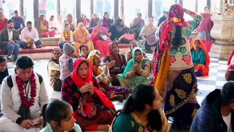 Females Group of Devotee Dancing During Krishna Name Sankirtan in Barsana Stock Footage 135156299