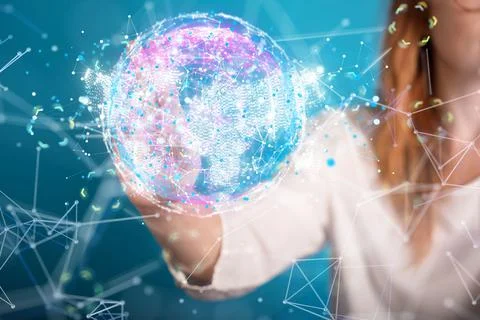 Female's hand pressing the data cloud interface with her fingers Stock Photos