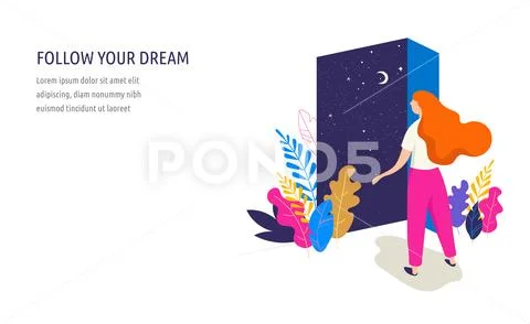 Feminine concept illustration, beautiful woman opens the door with a night sky Stock Illustration