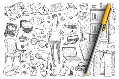 Feminine everyday essentials doodle set. Collection of hand drawn woman and cat, Ilustración de archivo