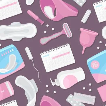 Feminine Hygiene Seamless Pattern with Intimate Sanitary Objects Vector Template Stock Illustration