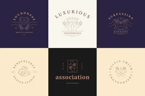 Feminine logos emblems design templates set with female hands and objects v.. Stock Illustration