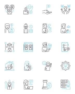 Feminine professions linear icons set. Nurse, Teacher, Engineer, Surgeon, Lawyer Stock Illustration