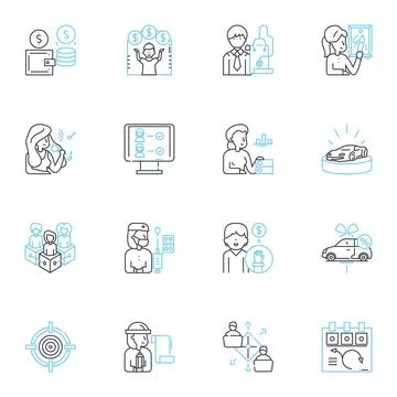 Feminine professions linear icons set. Nurse, Teacher, Engineer, Surgeon, Lawyer Stock Illustration