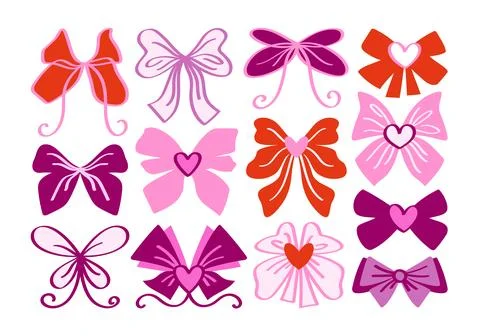 Femininity flat set of cartoon ribbons, bows, accessories with hearts. Stock Illustration