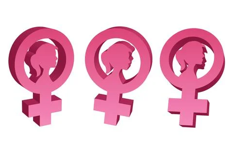 Feminism 3D logo in three angles. Female international movement. Stock Illustration