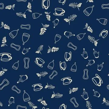 Feminist doodle seamless pattern background with menstrual cups, branches, ha Stock Illustration