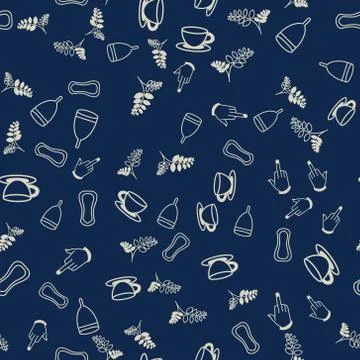 Feminist doodle seamless pattern background with menstrual cups, branches, ha Stock Illustration
