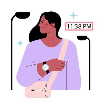FEMTECH. Technologies for womens wellbeing and security. Girl walking Illustrazione stock