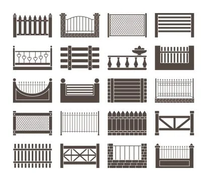 Fence and barriers sections set. Simple monochrome rustic roughly knitted Stock Illustration