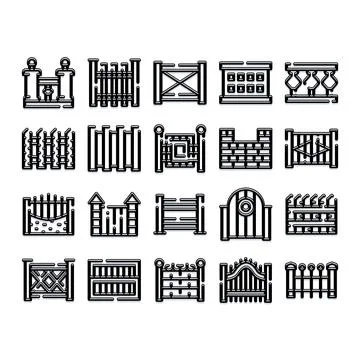 Fence and gate barriers line icons collection Stock Illustration