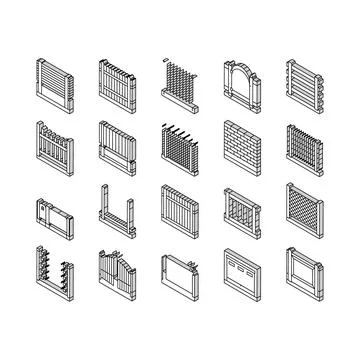 Fence And Gate Exterior Security isometric icons set vector Stock Illustration