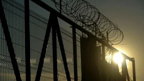 Fence with barbed wire against the sun, sunset, dawn Video stock 83108438